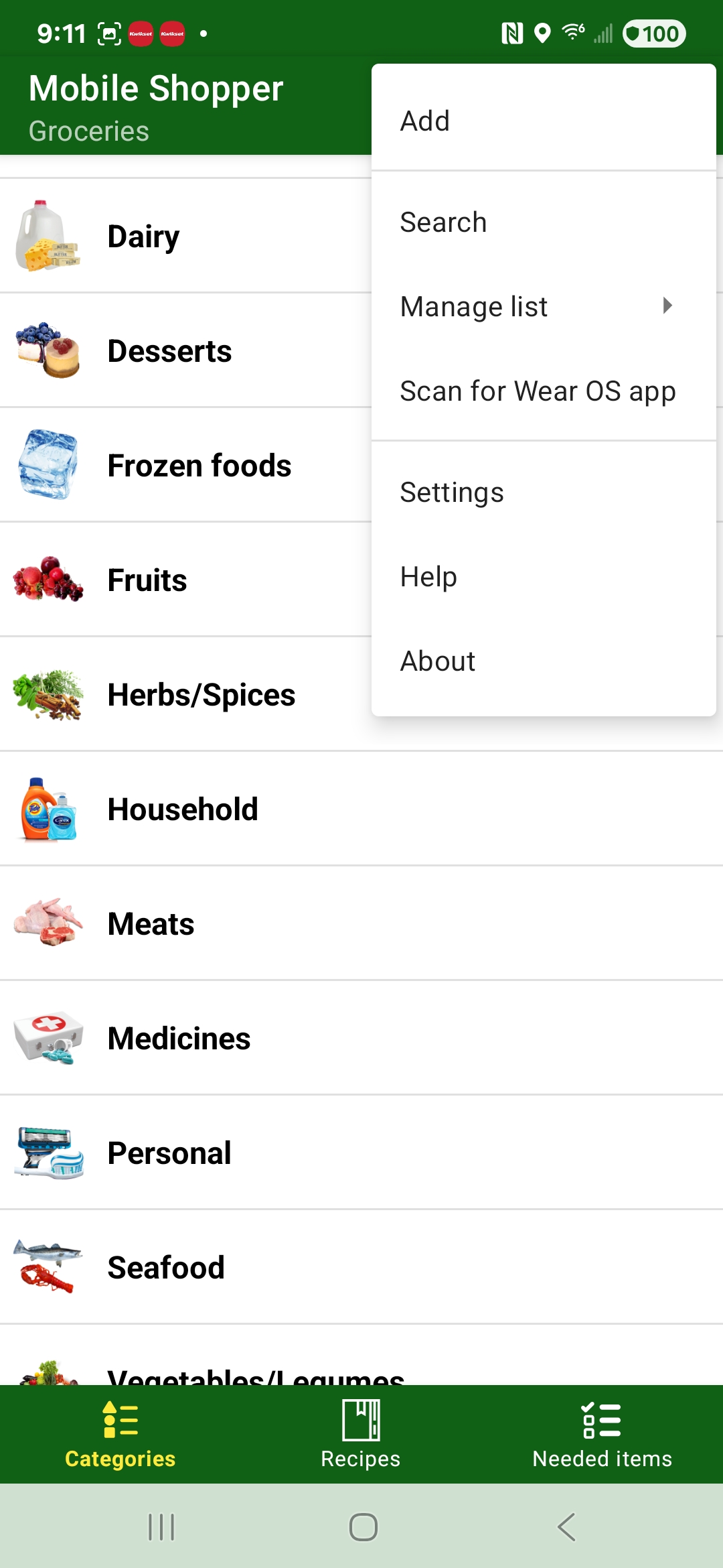 Main view Options menu